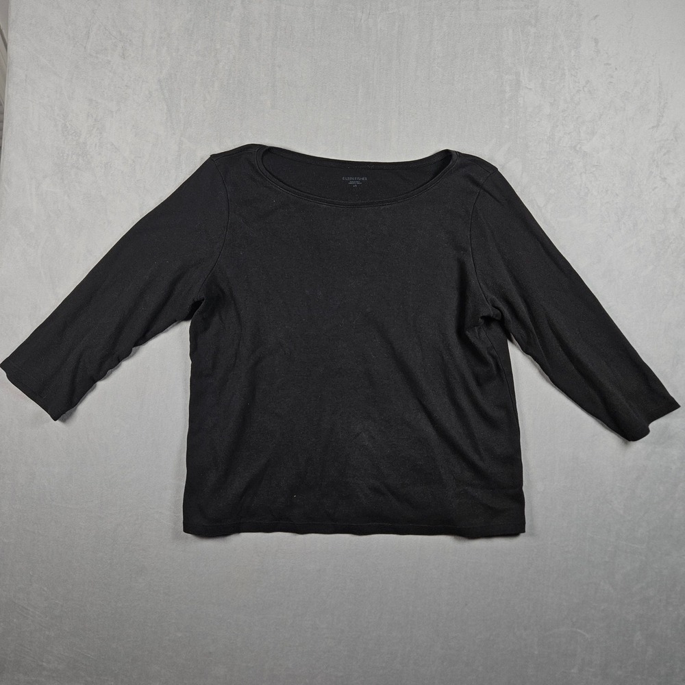 Eileen Fisher Top Womens Large Black Organic Cotton 3/4 Sleeve Boat Neck Shirt